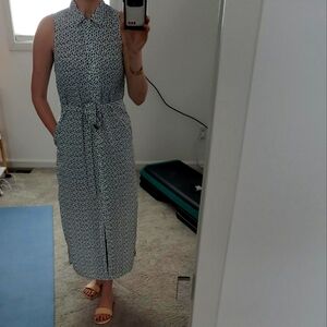 NWT Banana Republic Blue & White Sleeveless Tie-Waist Midi Shirt Dress
